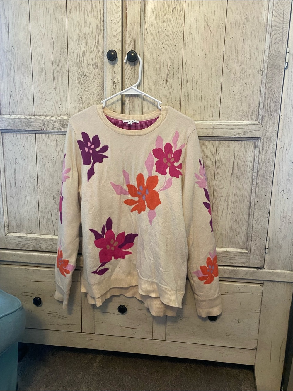 THML Cream Crewneck Sweater with Pink, Magenta & Orange Floral Design